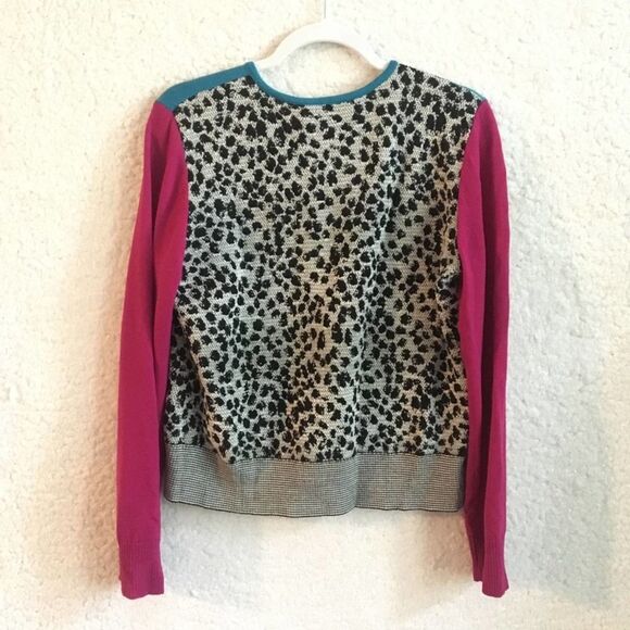 St. John Colorblock Leopard Zip Up Wool Blend Sweater Medium Long Sleeve Gray - Picture 7 of 7